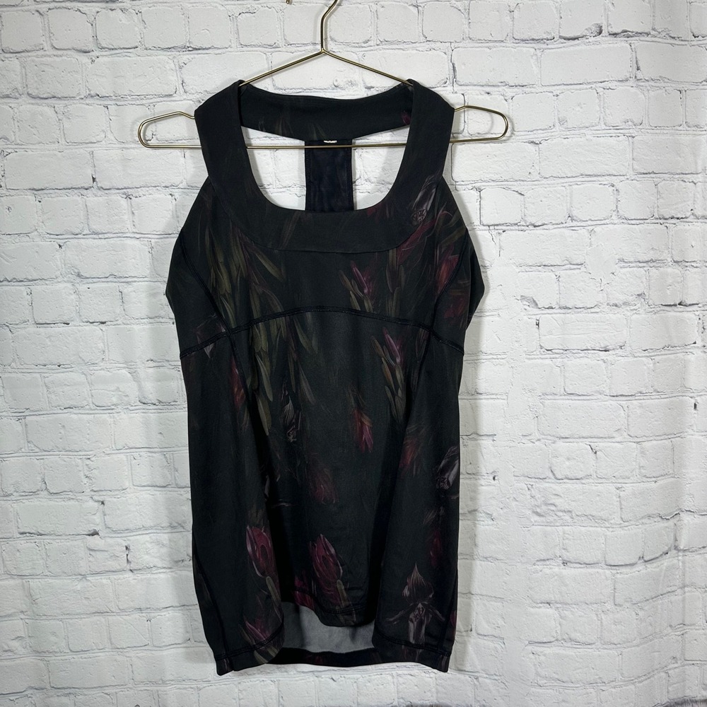 Lululemon Floral Racerback Tank Top Built In Bra Black Plum Mesh Back Sz 8